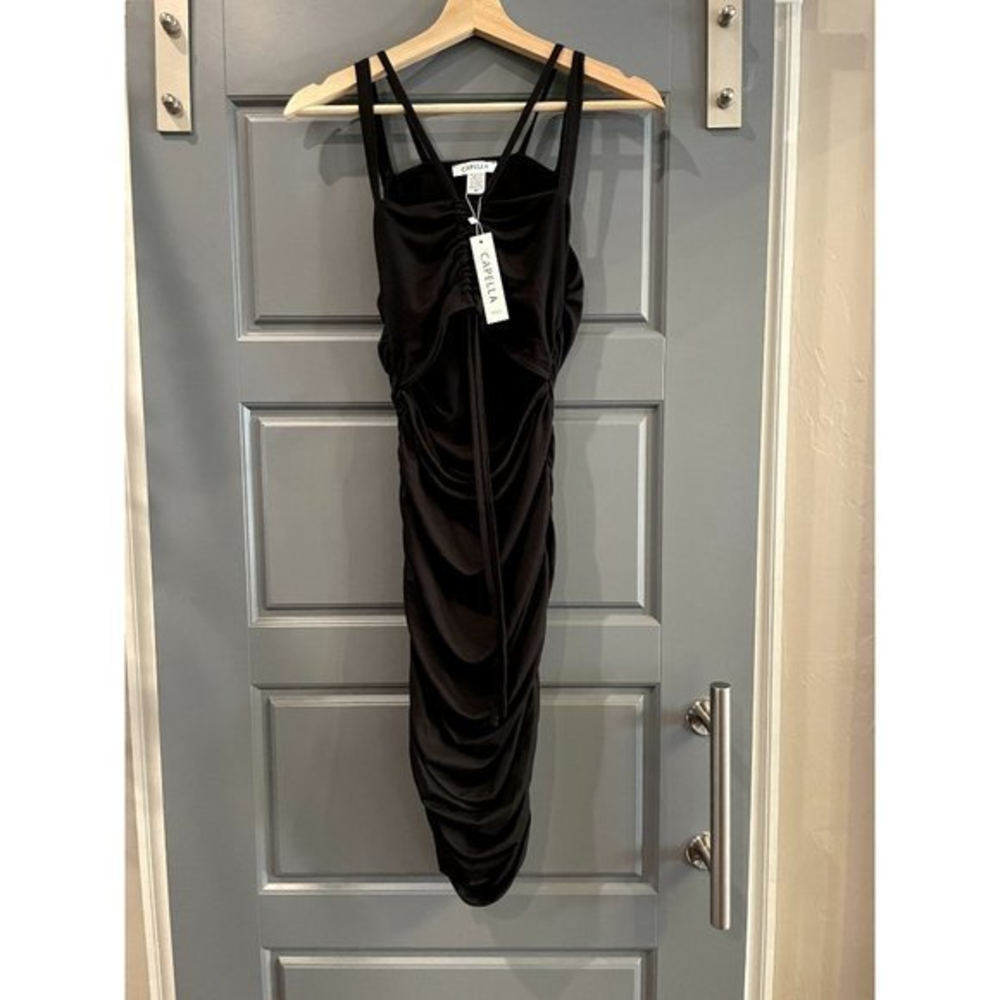 Capella USA Black Ruched Bodycon Midi Dress Cutout Double Strap NWT Medium